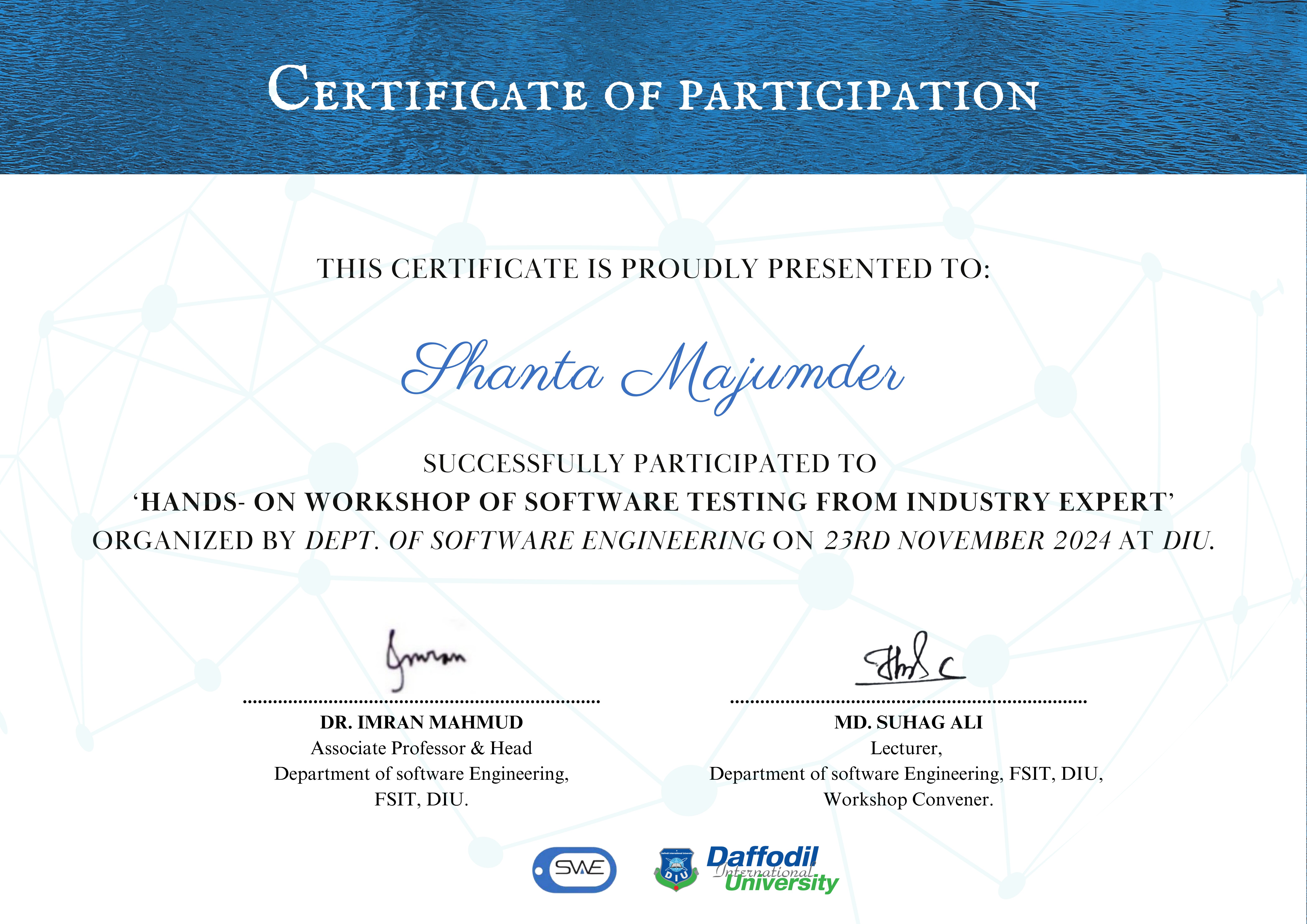 Certificate from the software testing workshop led by industry experts.